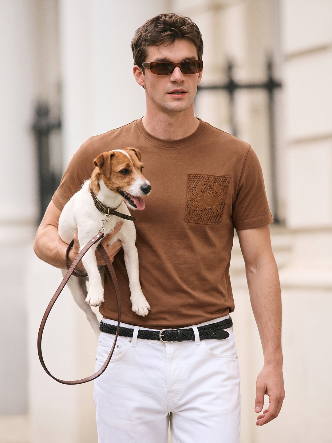 Men's Brown Relaxed Fit Embroidered Casual T-Shirt