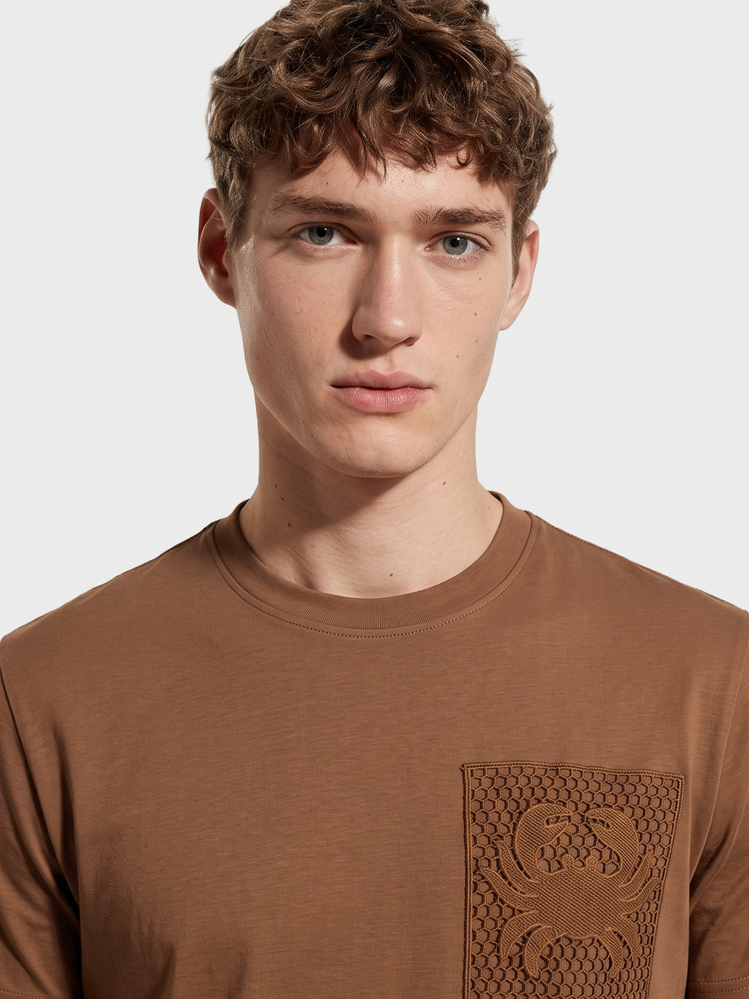 Men's Brown Relaxed Fit Embroidered Casual T-Shirt