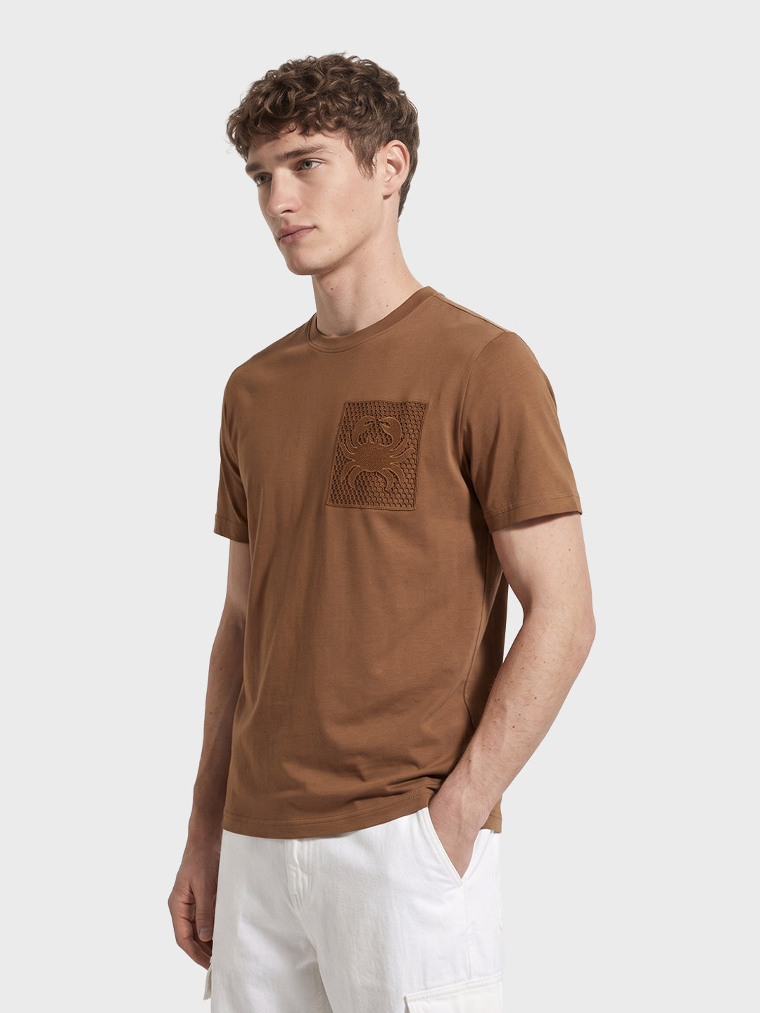 Men's Brown Relaxed Fit Embroidered Casual T-Shirt