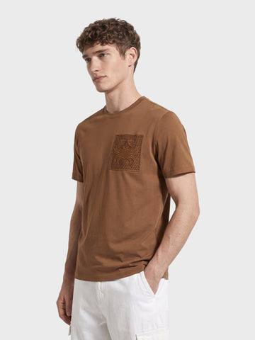 Men's Brown Relaxed Fit Embroidered Casual T-Shirt