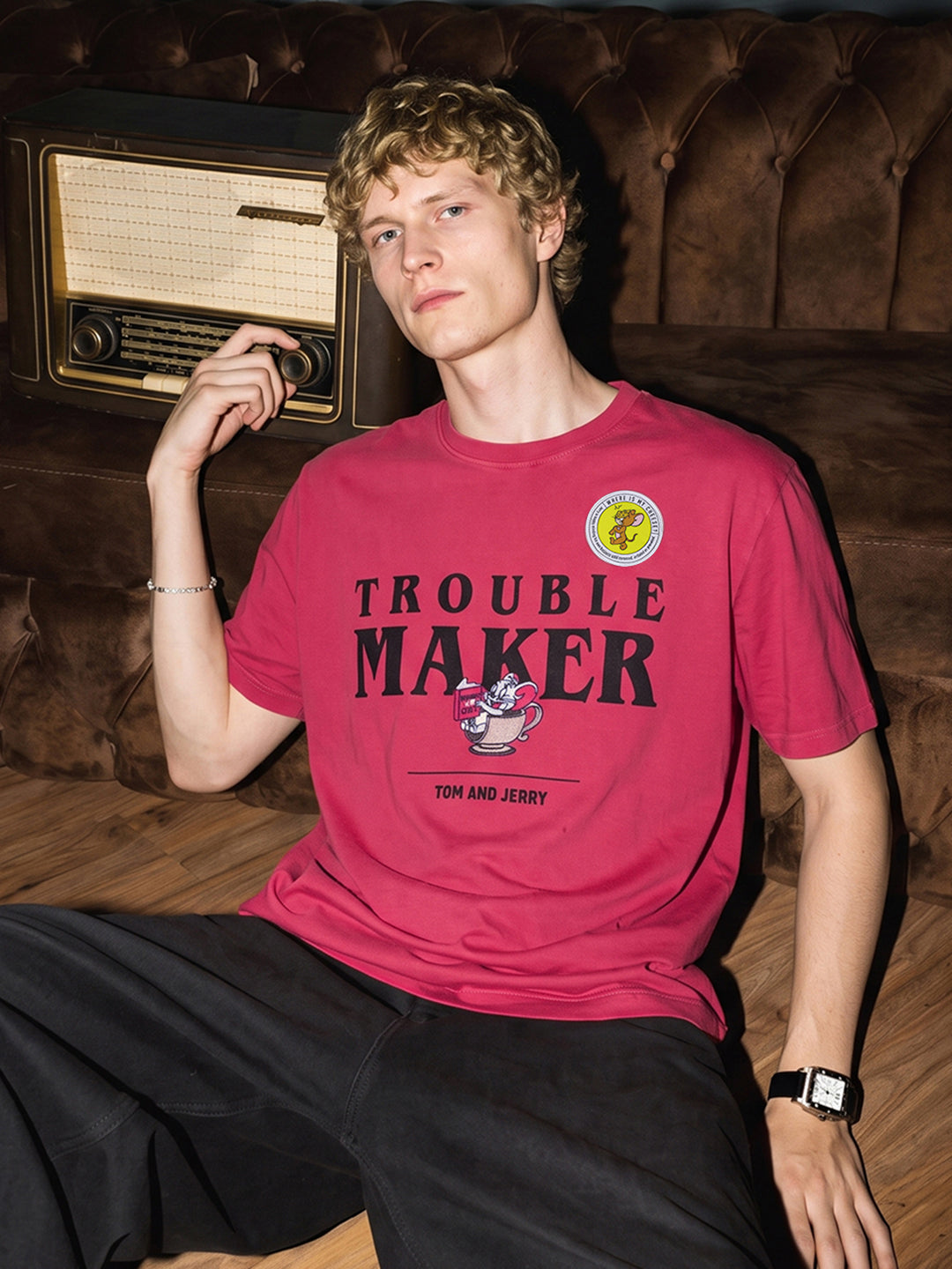 Men's Red Relaxed Fit Graphic Printed Casual T-Shirt