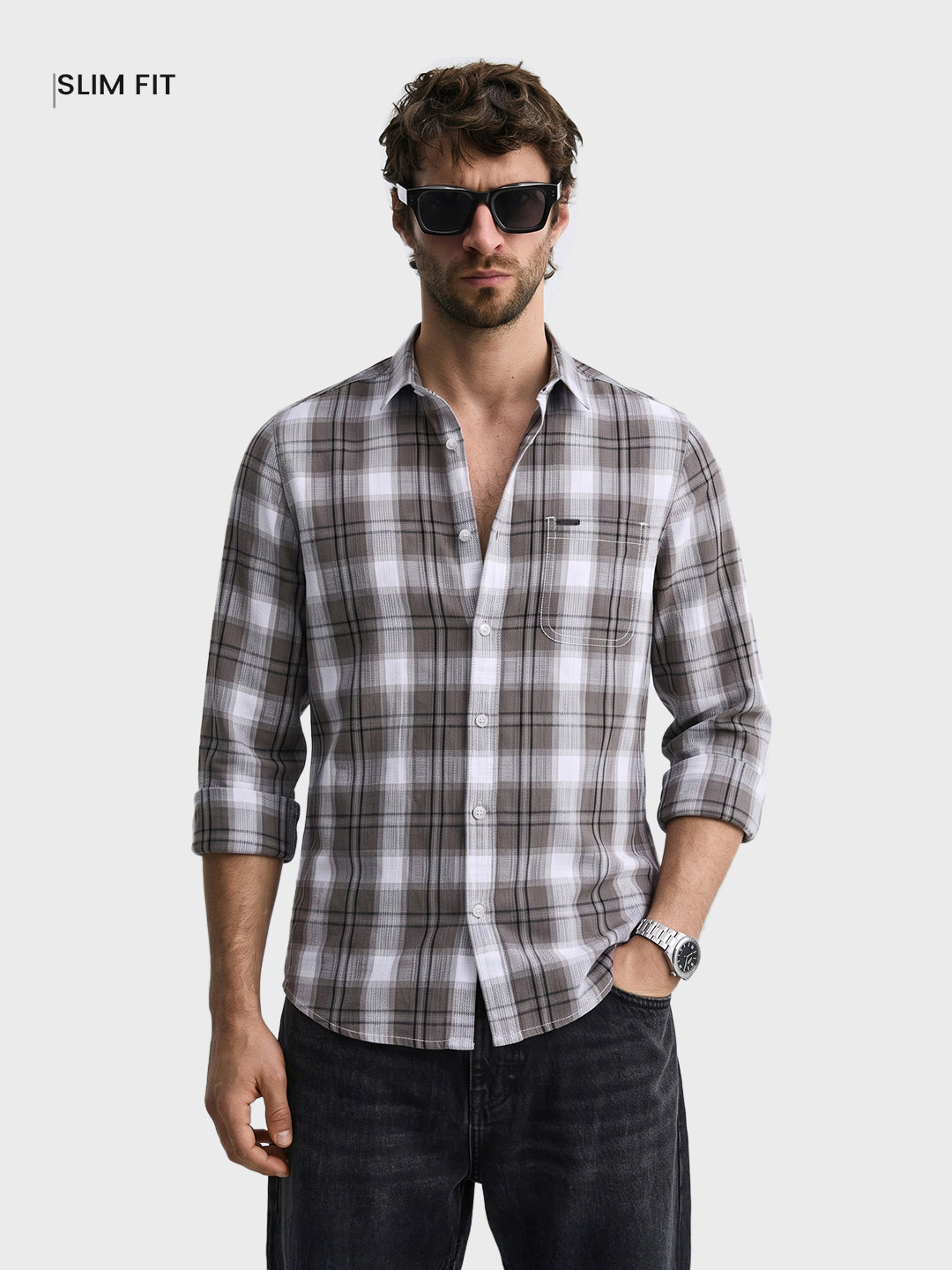 Men's Grey Slim Fit Checkered Casual Shirt