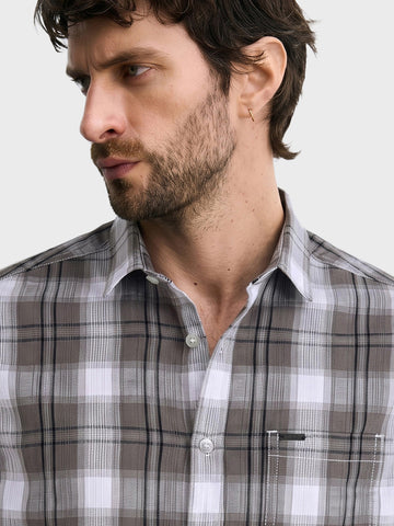 Men's Grey Slim Fit Checkered Casual Shirt