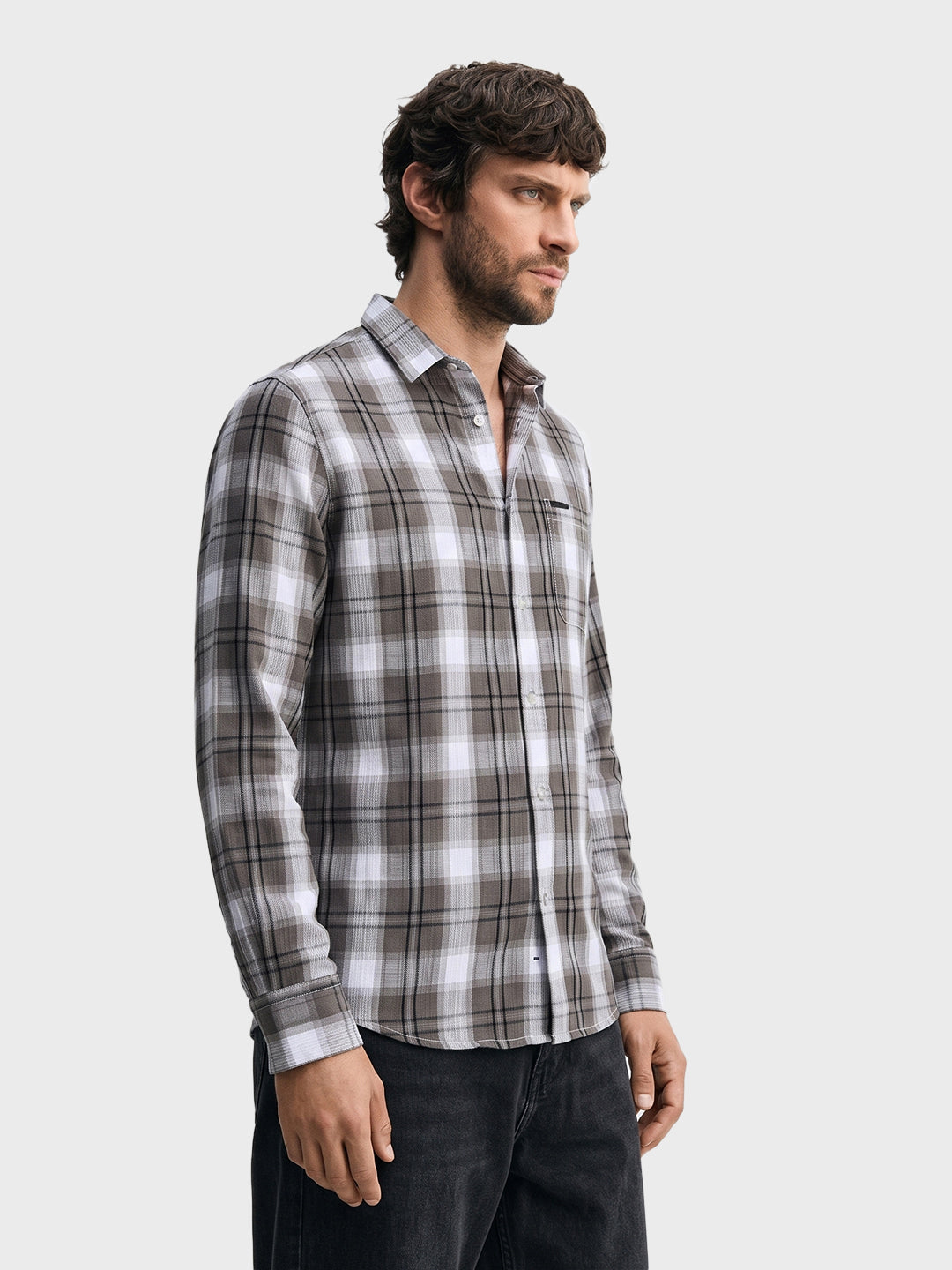 Men's Grey Slim Fit Checkered Casual Shirt