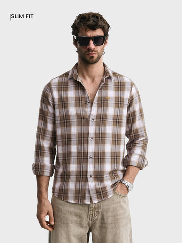 Men's Khaki Slim Fit Checkered Casual Shirt