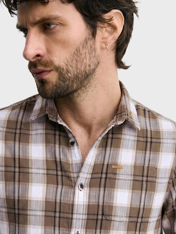 Men's Khaki Slim Fit Checkered Casual Shirt