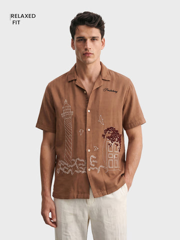 Men's Rust Relaxed Fit Embroidered Casual Shirt