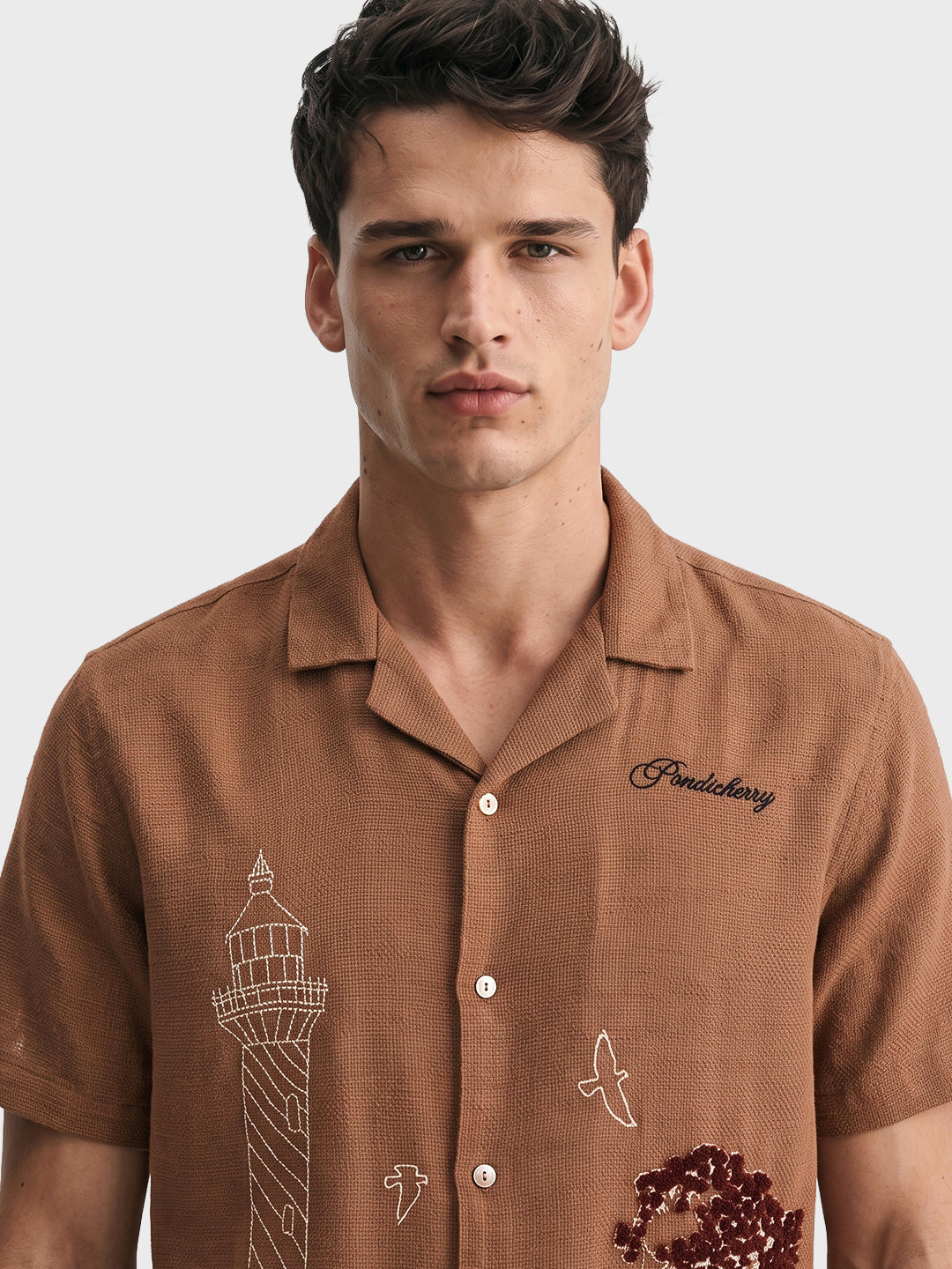 Men's Rust Relaxed Fit Embroidered Resort Wear Shirt