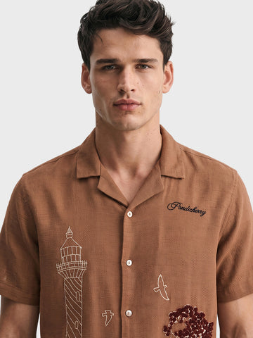 Men's Rust Relaxed Fit Embroidered Casual Shirt