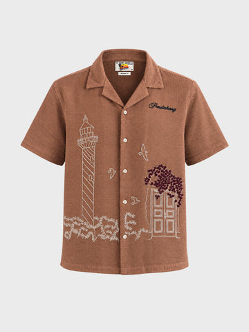 Men's Rust Relaxed Fit Embroidered Casual Shirt