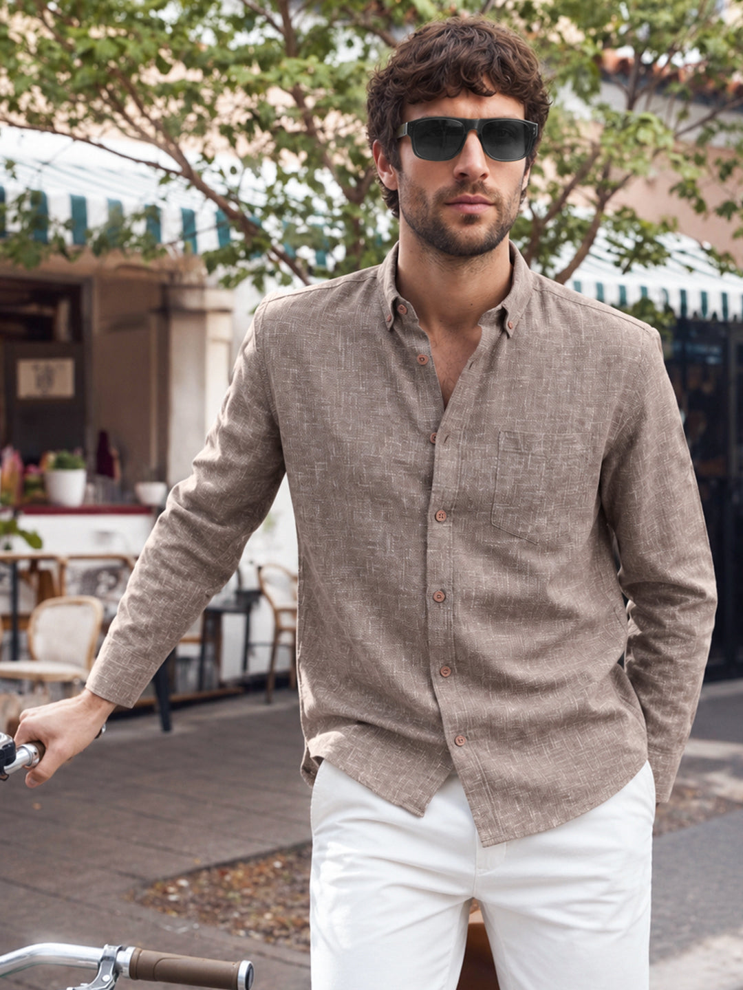 Men's Khaki Slim Fit Solid Casual Shirt