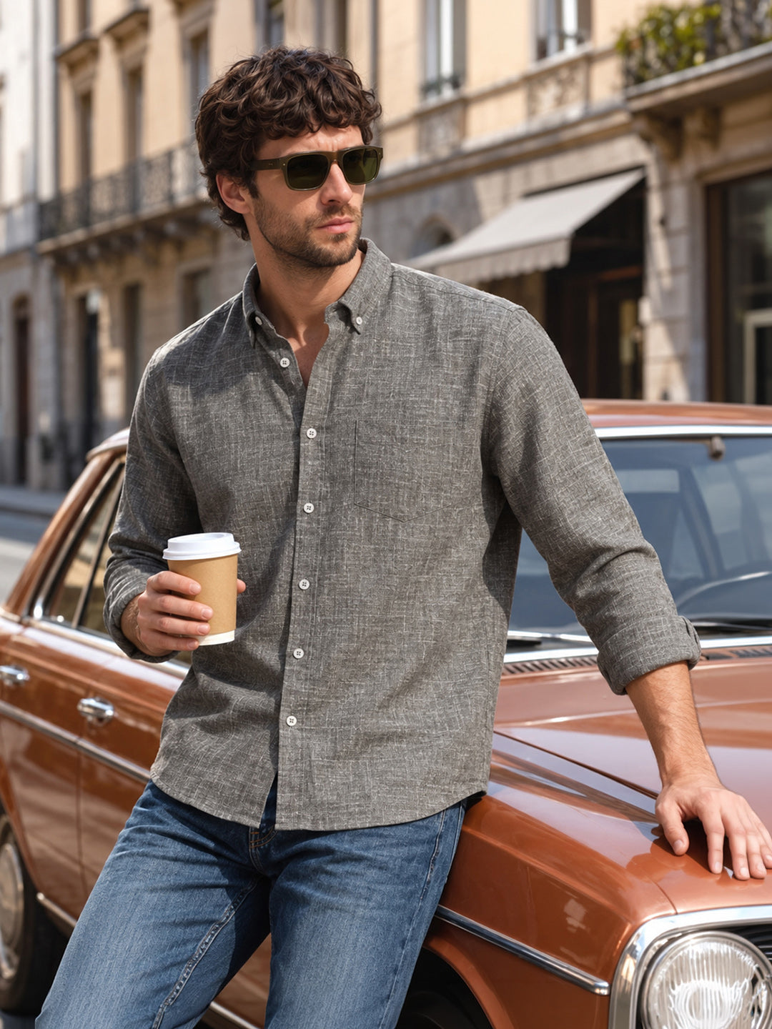 Men's Grey Slim Fit Solid Casual Shirt