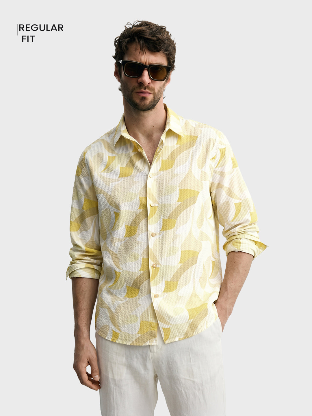 Men's Yellow Regular Fit Printed Resort Wear Shirt
