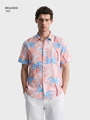 Men's Peach Relaxed Fit Printed Resort Wear Shirt