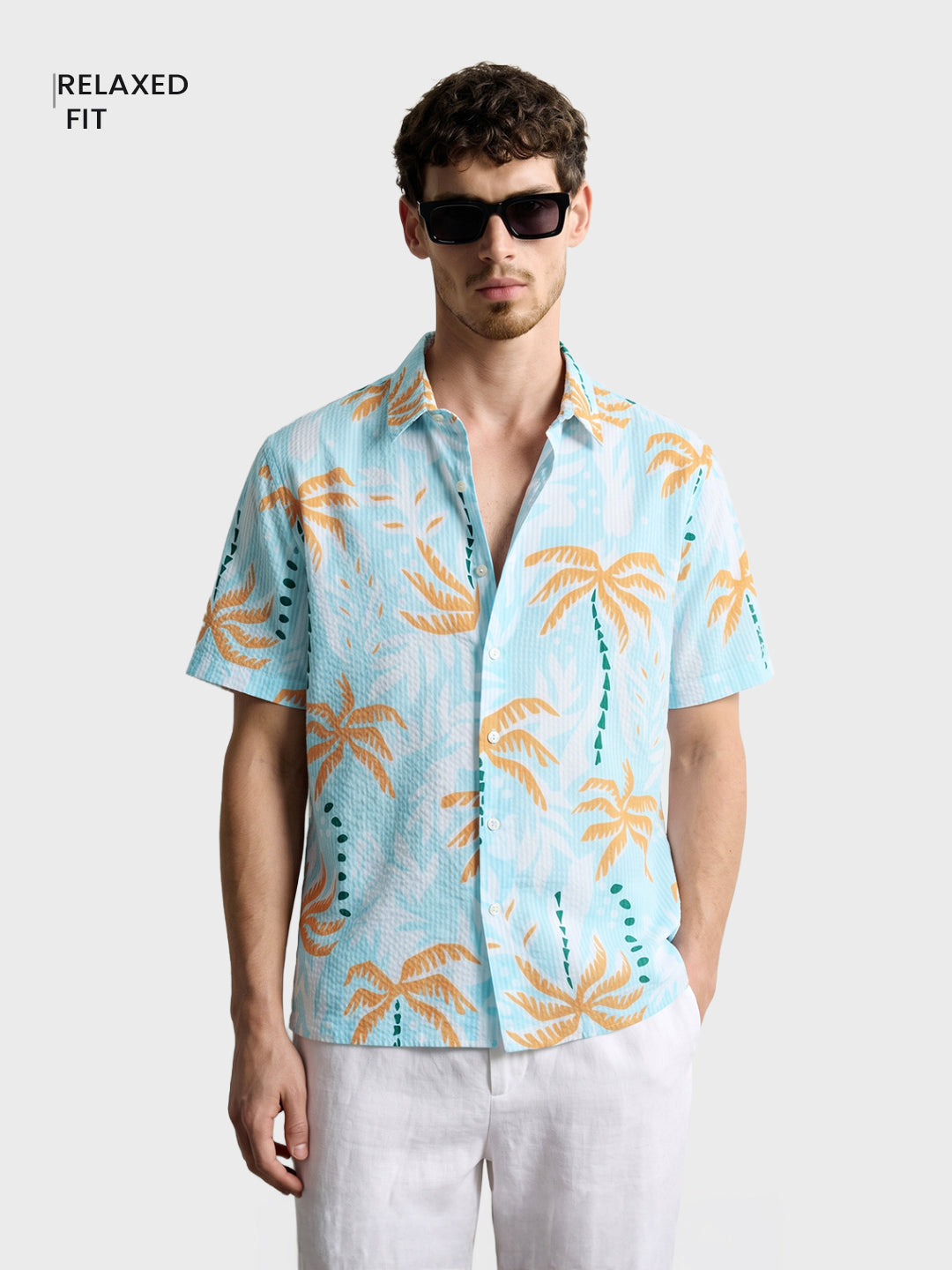 Men's Blue Relaxed Fit Printed Resort Wear Shirt