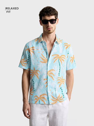 Men's Blue Relaxed Fit Printed Resort Wear Shirt