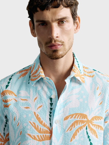 Men's Blue Relaxed Fit Printed Resort Wear Shirt