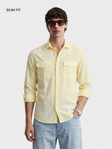 Men's Yellow Slim Fit Striped Casual Shirt