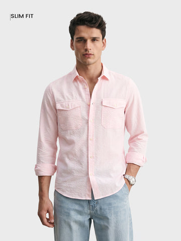 Men's Pink Slim Fit Striped Casual Shirt