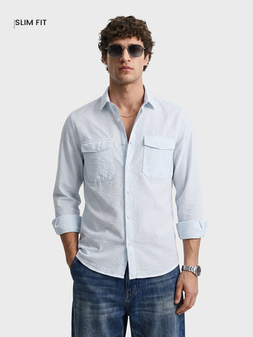 Men's Blue Slim Fit Striped Casual Shirt