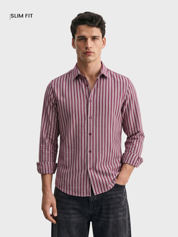Men's Maroon Slim Fit Striped Casual Shirt