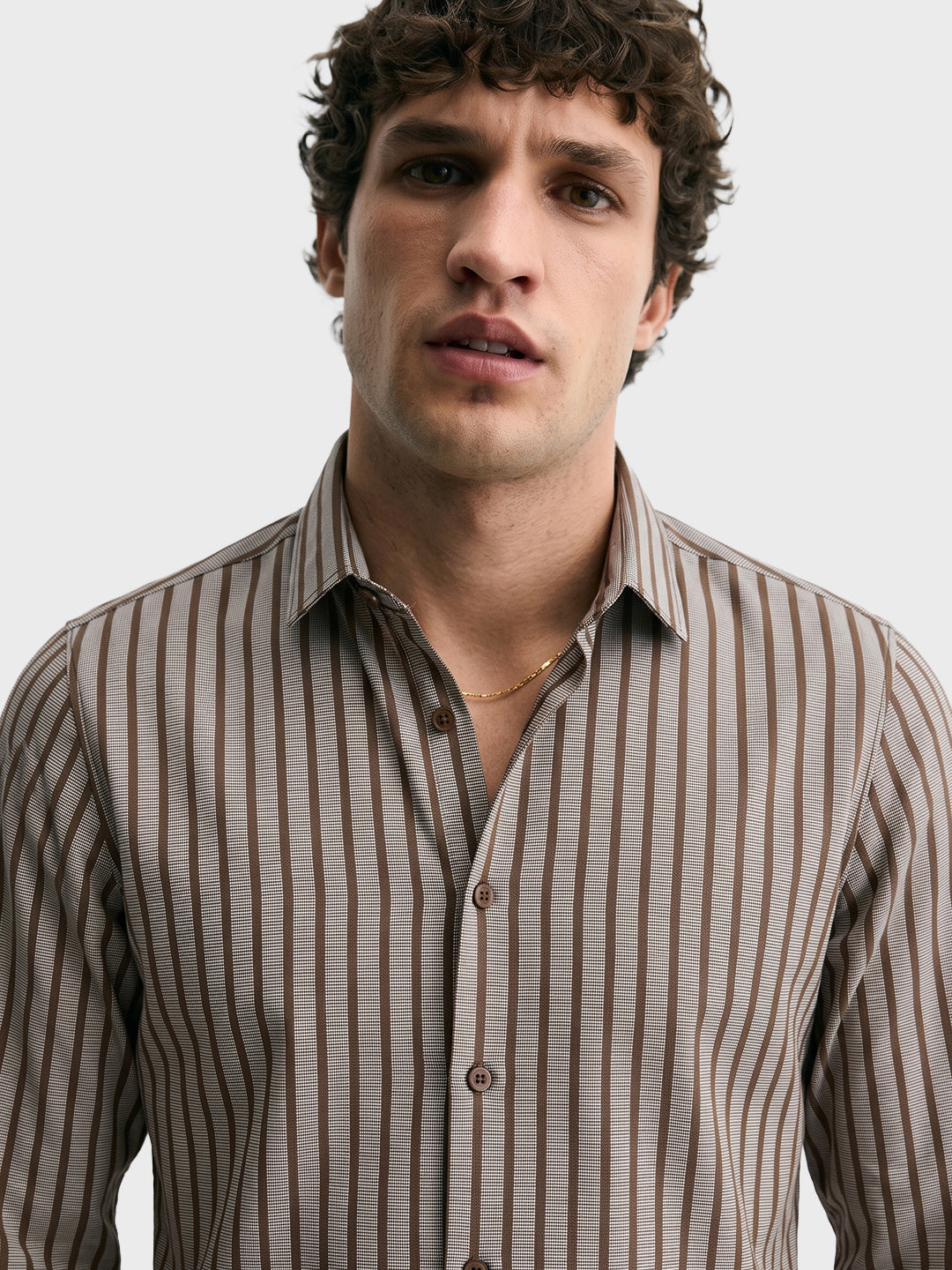 Men's Khaki Slim Fit Striped Casual Shirt