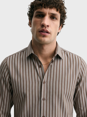 Men's Khaki Slim Fit Striped Casual Shirt