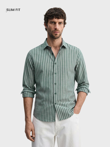 Men's Green Slim Fit Striped Casual Shirt