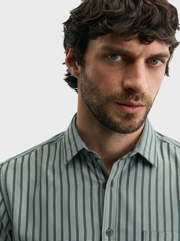 Men's Green Slim Fit Striped Casual Shirt