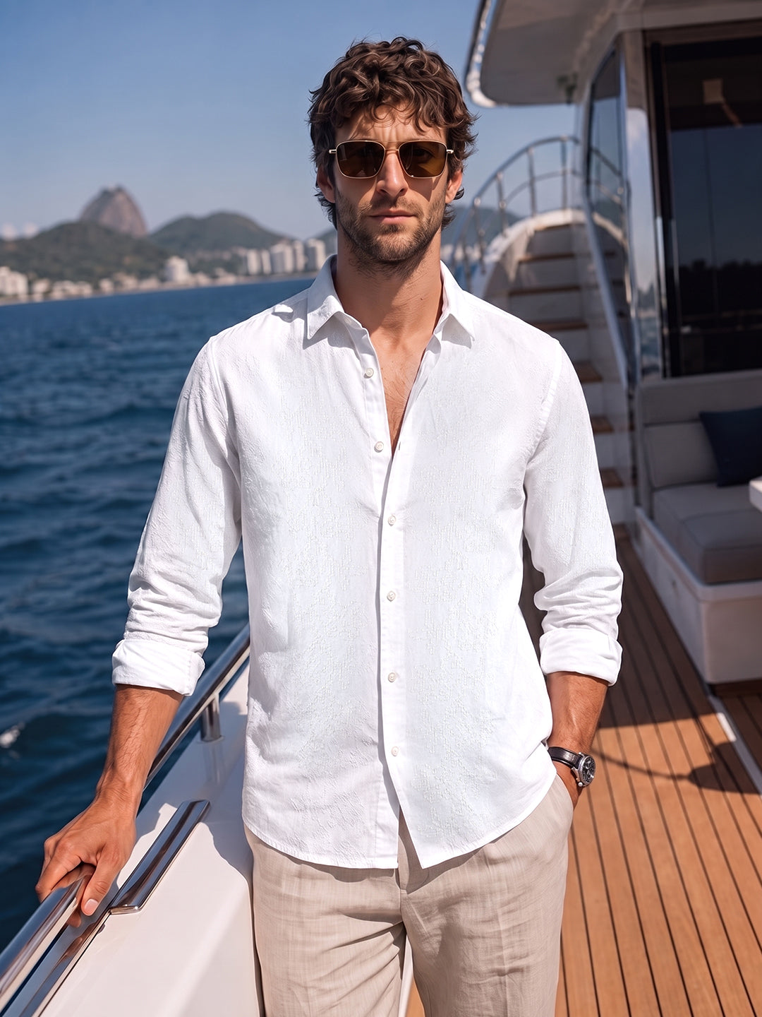 Men's White Regular Fit Embroidered Resort Wear Shirt