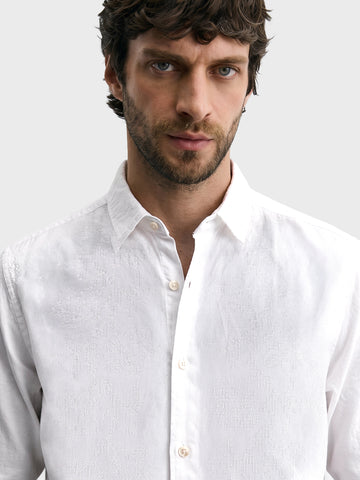Men's White Regular Fit Embroidered Resort Wear Shirt