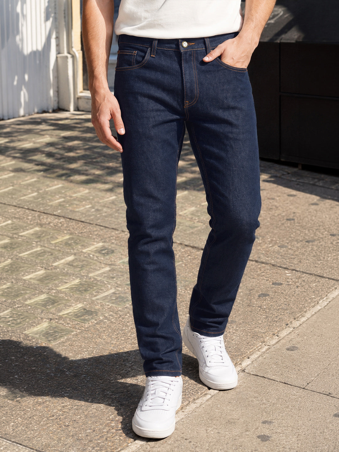 Men's Navy Blue Slim Fit Solid Casual Jeans