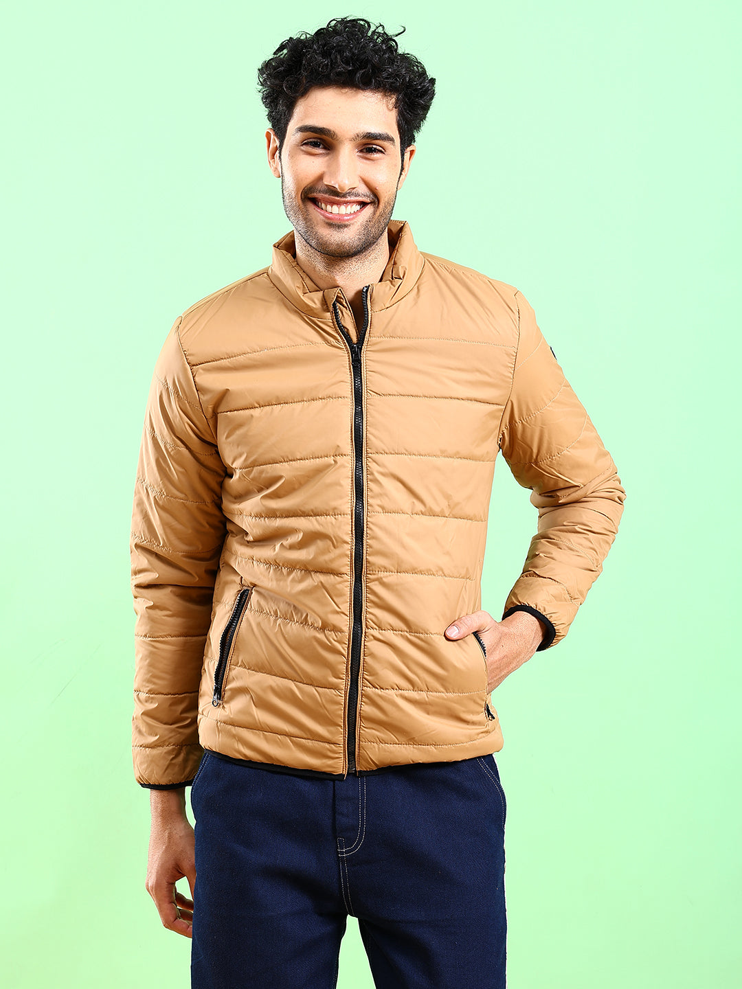 Men's Beige Regular Fit Solid Casual Jacket
