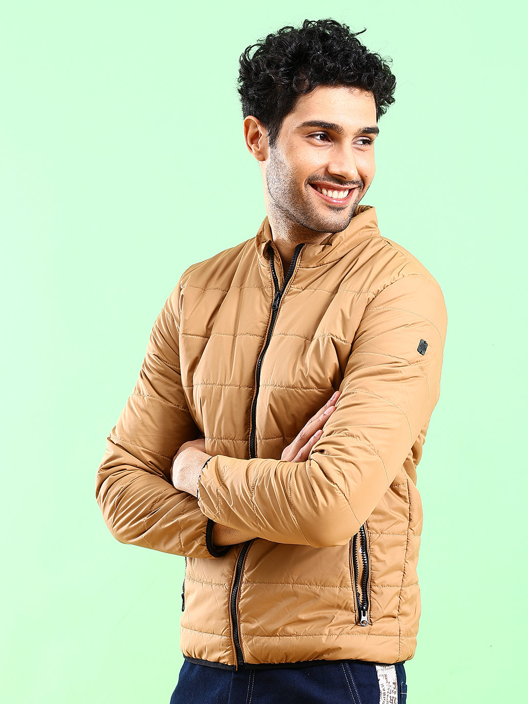 Men's Beige Regular Fit Solid Casual Jacket