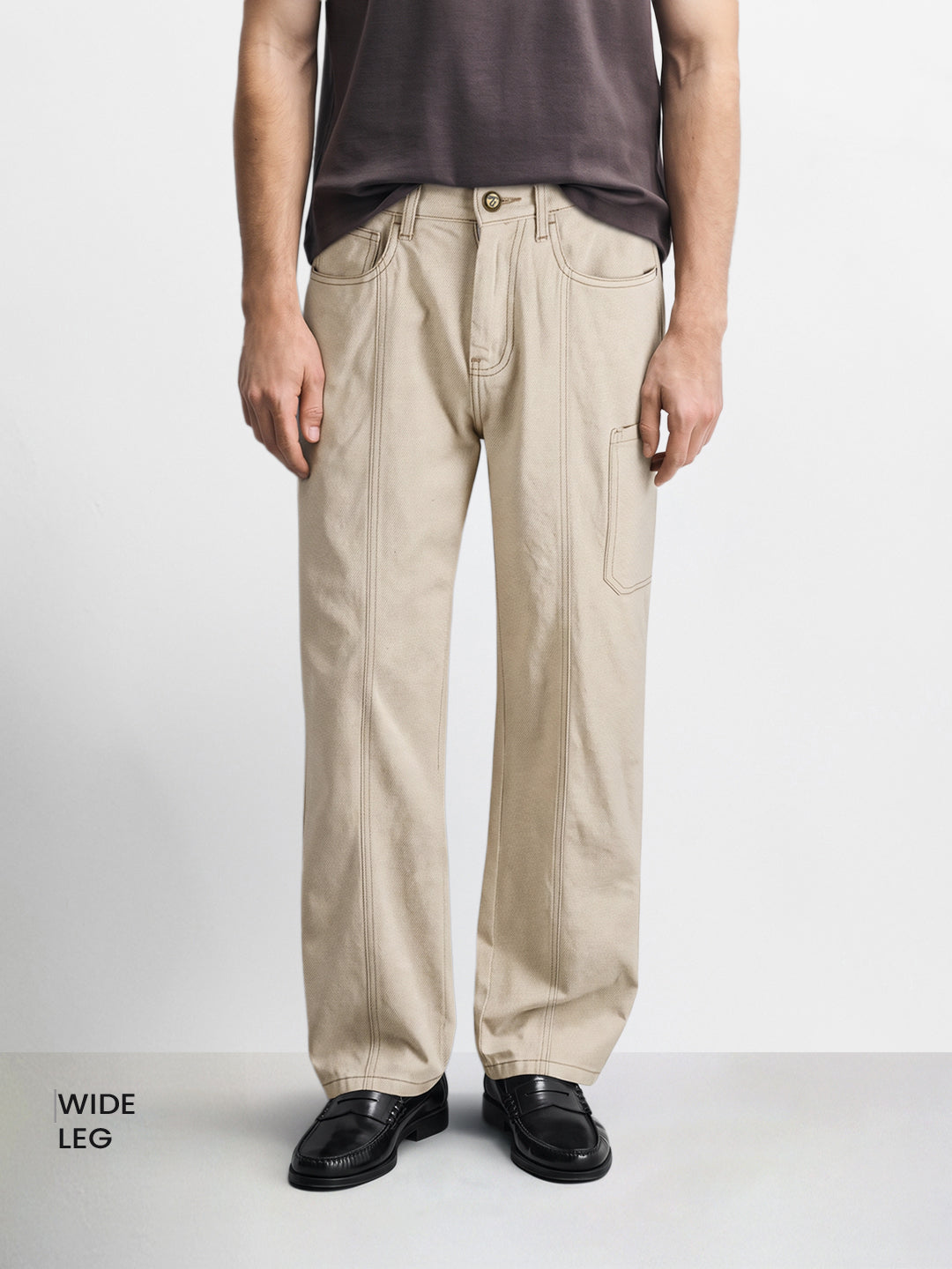 Men's Off White Wide Leg Fit Solid Utility Jeans