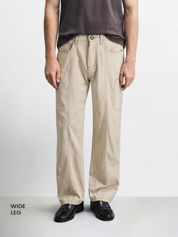 Men's Off White Wide Leg Fit Solid Utility Jeans