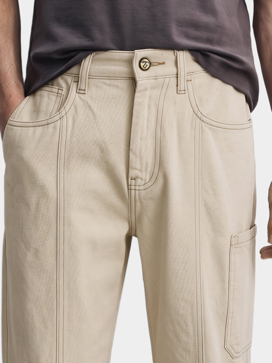 Men's Off White Wide Leg Fit Solid Utility Jeans