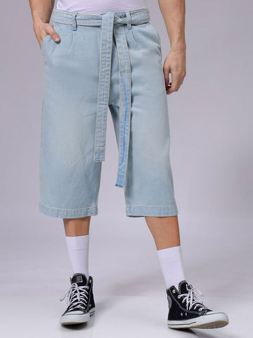 Men's Blue Loose Fit Solid Mid-Rise Capri Jeans