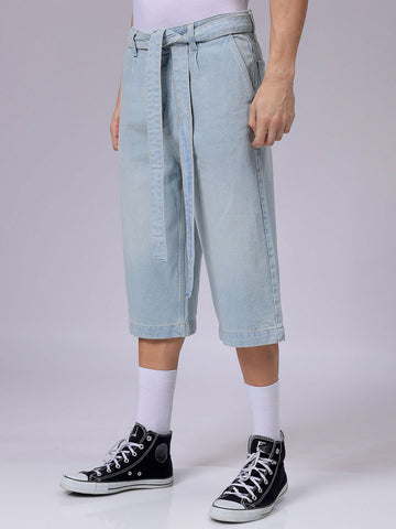 Men's Blue Loose Fit Solid Mid-Rise Capri Jeans