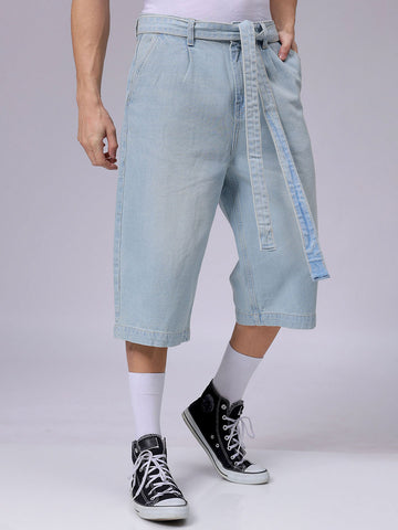 Men's Blue Loose Fit Solid Mid-Rise Capri Jeans