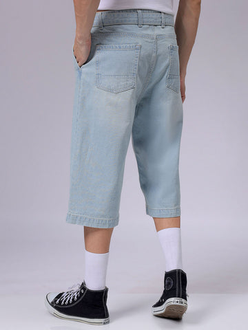 Men's Blue Loose Fit Solid Mid-Rise Capri Jeans