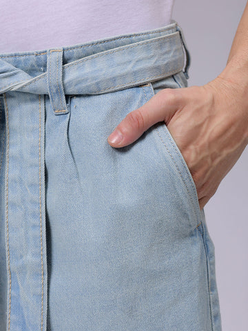 Men's Blue Loose Fit Solid Mid-Rise Capri Jeans
