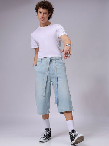 Men's Blue Loose Fit Solid Mid-Rise Capri Jeans