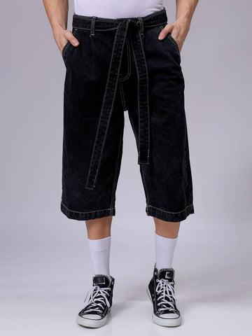 Men's Black Loose Fit Solid Mid-Rise Capri Jeans