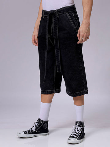 Men's Black Loose Fit Solid Mid-Rise Capri Jeans