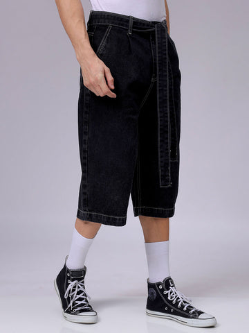 Men's Black Loose Fit Solid Mid-Rise Capri Jeans
