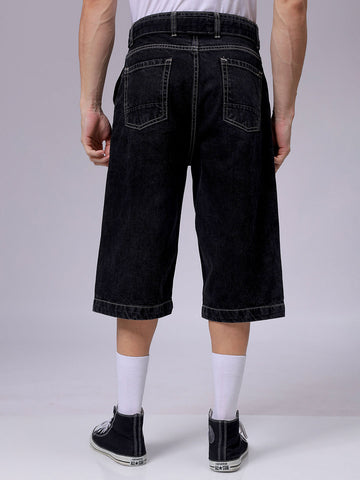 Men's Black Loose Fit Solid Mid-Rise Capri Jeans
