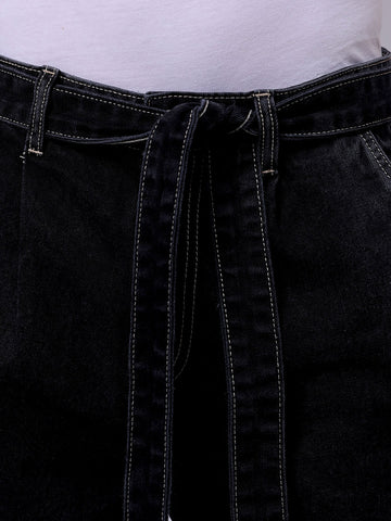 Men's Black Loose Fit Solid Mid-Rise Capri Jeans