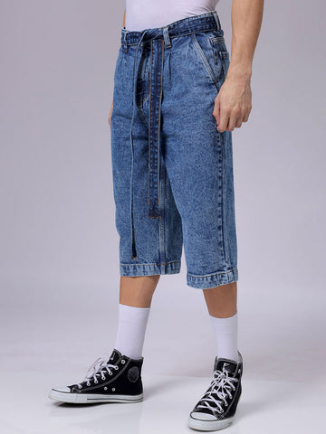 Men's Blue Loose Fit Solid Mid-Rise Capri Jeans