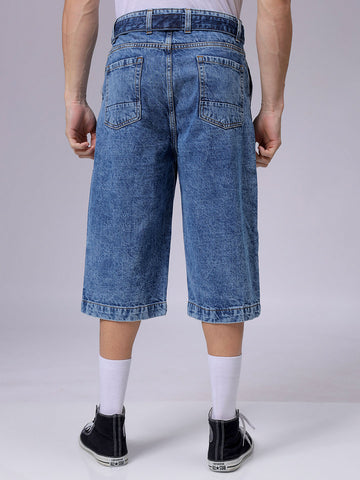 Men's Blue Loose Fit Solid Mid-Rise Capri Jeans